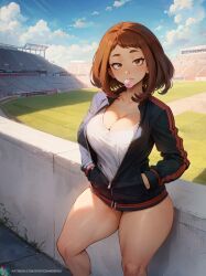 1girls 2d ai_generated alternate_art_style breasts brown_hair brunette curvaceous curvy_body curvy_female curvy_figure erotic_nansensu female female_focus female_only hi_res huge_breasts light_brown_hair medium_hair my_hero_academia no_pants ochako_uraraka seductive_look short_hair solo stable_diffusion