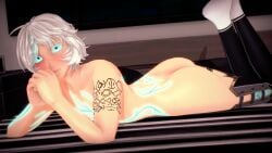 1boy 3d ass bedroom cyan_eyes femboy glowing_eyes koikatsu looking_at_viewer mira_imae smug solo solo_male tattoo thighhighs white_hair