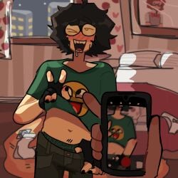 2boys bed bedroom black_nails boxers brown_pants character_off_screen dark_room emoji filming gay green_shirt male male_focus male_only original_character painted_nails phone saliva stickman underwear undressing window wink