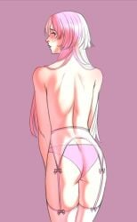 1boy blush bungo_stray_dogs embarrassed lingerie long_hair pink_panties sigma_(bungo_stray_dogs) solo_male stockings two_tone_hair viewed_from_behind