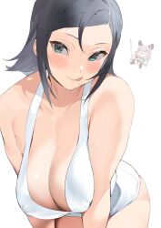 2girls :q animal_ears bare_shoulders black_hair blue_eyes blush breasts cleavage commentary_request female female_only iku_(ikuchan_kaoru) ikuchan_kaoru_(character) indie_virtual_youtuber large_breasts leaning_forward mole mole_under_mouth multiple_girls o-ring o-ring_top original purple_hair revision simple_background sisters smile tongue tongue_out virtual_youtuber white_background younger_sister