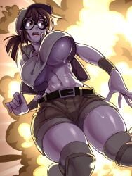 big_breasts cap cleavage curvaceous edit explosion female female_only fio_germi glasses huge_breasts jacket large_breasts metal_slug nisego shocked shocked_expression shorts sleeveless_jacket snk solo sweat sweatdrop tank_top textless_version thick_thighs underboob white_shirt wide_hips