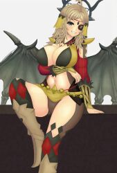 1girls alternate_costume arm_support ass_visible_through_thighs bare_midriff bare_thighs black_panties blonde_hair bodystocking boots breasts cleavage covered_nipples eye_patch female female_only fire_emblem fire_emblem_fates fire_emblem_heroes grey_eyes grin inner_thighs large_breasts long_hair long_sleeves looking_at_viewer midriff nintendo official_alternate_costume ophelia_(fire_emblem) ophelia_(starlit_maiden)_(fire_emblem) panties partially_visible_vulva pelvic_curtain roaamuje sitting smile solo thighs underwear wings