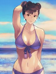 1girls arm_behind_back arm_behind_head bikini blue_sky breasts brown_eyes brown_hair capcom chun-li cloud commentary_request cowboy_shot double_bun earrings female female_only front-tie_bikini_top front-tie_top fully_clothed hair_bun highres jewelry medium_breasts navel ocean outdoors short_hair signature sky solo street_fighter swimsuit water yuenibushi