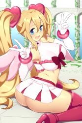 1girls ass big_ass big_breasts blonde_hair blue_eyes busty cheerleader cheerleader_uniform disgaea double_v flonne large_breasts lindaroze long_hair looking_at_viewer looking_back open_mouth pure_flonne sitting skirt smile solo twintails v voluptuous