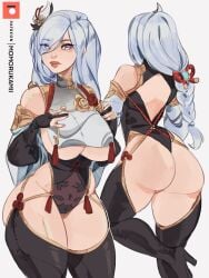 1girls ass big_ass big_breasts big_butt breasts genshin_impact high_heels huge_ass huge_breasts kamii_momoru large_breasts long_hair shenhe_(genshin_impact) solo solo_female thick_thighs underboob white_eyes white_hair wide_hips