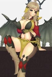 1girls alternate_costume arm_support bare_midriff bare_thighs blonde_hair bodystocking boots breasts cleavage covered_nipples eye_patch female female_only fire_emblem fire_emblem_fates fire_emblem_heroes grey_eyes grin inner_thighs large_breasts long_hair long_sleeves looking_at_viewer midriff nintendo official_alternate_costume ophelia_(fire_emblem) ophelia_(starlit_maiden)_(fire_emblem) pelvic_curtain roaamuje sitting smile solo thighs wings