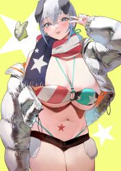 animal_ears aqua_eyes bikini breasts dog_ears female hair_between_eyes iku_(ikuchan_kaoru) ikuchan_kaoru_(character) indie_virtual_youtuber jacket large_breasts long_sleeves original revision scarf short_hair short_shorts shorts solo star_(symbol) star_print star_tattoo starry_background stomach_tattoo swimsuit tattoo thighs v virtual_youtuber white_hair white_jacket yellow_background