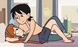 1boy 1girls black_hair clothed clothed_female clothed_male dm29 light-skinned_female light-skinned_male on_bed orange_hair orange_hair_female pale-skinned_female romantic seth_the_squirrel_boy shirtless_(male) shirtless_male trudy_lin wholesome yours_trudy