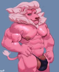 abs anthro big_nipples cartoon_network clothed clothing felid fur genitals hi_res ineffective_clothing lion lion_(steven_universe) male mammal muscular muscular_anthro nipples pantherine pink_body pink_fur r30b0m0 solo solo_male steven_universe underwear underwear_only