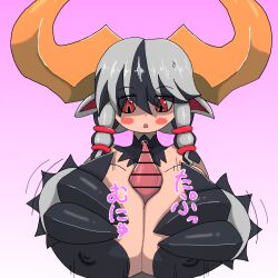 1boy 1girls animal_humanoid big_breasts big_penis bovid bovid_humanoid breast_play breasts disgaea duo evil_eye_(disgaea) female first_person_view genitals hi_res horns humanoid japanese_text larger_male looking_at_genitalia looking_at_penis male male/female mammal mammal_humanoid paizuri penis pink_background pov sex simple_background size_difference text titjob zk_(artist)