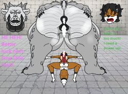 1boy 1girls anal anthro ass big_breasts big_butt bodily_fluids breasts canid canine cum cum_in_ass cum_in_pussy cum_inside death_by_snoo_snoo dominant dominant_female dungeon duo female fox genital_fluids green_text horn huge_breasts indrid_cold_(artist) larger_female lips male male/female mammal open_mouth pink_text scalie size_difference taunting text thick_lips thwomp vaginal_penetration