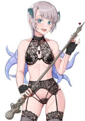 1girls bare_shoulders bare_thighs blue_eyes blush_lines exposed_shoulders exposed_thighs exposed_torso fingerless_gloves garter_belt_leggings garter_straps gloves gray_hair grey_hair hair_wings head_wings holding_object holding_spear holding_weapon indie_virtual_youtuber kuon_bb_(kuonr18/epijbp) legwear light-skinned_female light_blush light_skin lingerie lingerie_only looking_at_viewer medium_breasts mole mole_under_mouth mouth_open nail_polish pochimaru_(vtuber) sharp_teeth sleeveless small_breasts solo spear stockings tentacle thigh_squish thighhighs thighs virtual_youtuber white_background