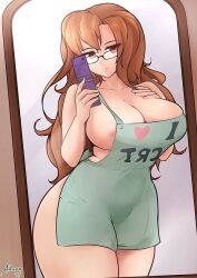 aikuxa apron apron_only big_breasts brown_hair curvy curvy_figure glasses kiryuu_moeka long_hair mirror_selfie nipples_visible_through_clothing steins;gate