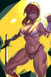 1girls big_breasts bikini breasts brown_hair busty cleavage female female_only golden_axe large_breasts legs long_hair looking_at_viewer navel sega solo swimsuit sword thick_thighs thighs toned tyris_flare voluptuous weapon white_bikini