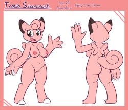 2023 absurd_res anthro ass breasts claws clefairy digital_drawing_(artwork) digital_media_(artwork) english_text felino female fur generation_1_pokemon genitals hi_res hooves looking_at_viewer model_sheet nintendo nipples nude open_mouth pink_body pink_fur pokemon pokemon_(species) pussy smile solo tail text treble_starcrush