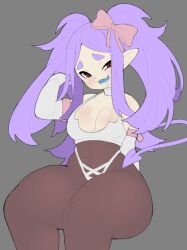 1girls 2023 blue_mouth breasts curvy curvy_figure demon demon_girl female female_focus grey_background hairbow leggings light-skinned_female light_skin long_ears long_hair open_mouth original_character pale-skinned_female pale_skin purple_hair red_eyes shortstack solo solo_focus spade_tail tail thick_thighs thighs twintails vammzu wide_hips