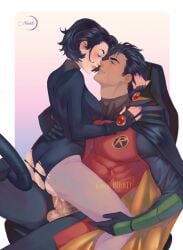 1boy 1girls aged_up ass car_seat clothed_sex cowgirl_position damian_wayne dark_hair dc dc_comics dripping face-to-face female female_on_top female_penetrated hand_on_head hand_on_waist hero hero_costume looking_at_partner male male/female male_penetrating male_penetrating_female muscular muscular_male niahti on_lap passionate rachel_roth raven_(dc) riding_penis ripped_clothes ripped_clothing ripped_pantyhose robin_(damian_wayne) robin_(dc) romantic sex skin_tight straight teen_titans tight_clothing vaginal_penetration