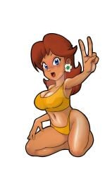 1girls big_breasts blue_eyes breasts brown_hair busty hi_res large_breasts legs looking_at_viewer mario_(series) midriff navel nintendo princess princess_daisy psicoero short_hair sitting smile tank_top thighs thong v voluptuous watermark