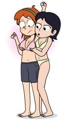 2girls black_hair bra dm29 green_hairband groping groping_breasts groping_from_behind light-skinned_female long_hair multiple_girls orange_hair orange_hair_female pale-skinned_female panties pink_bra sandra_tang short_hair trudy_lin yours_trudy