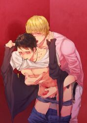 2boys bent_over bite_mark black_hair blonde_hair blush clothed_sex crying crying_with_eyes_open donquixote_rosinante erection from_behind gay handjob handjob_while_penetrating height_difference hickey_marks implied_anal licking male male_only nipple_rub nipple_stimulation one_piece open_jacket open_mouth pants_down penis reach_around red_background red_eyes shirt_in_mouth shirt_lift sweat tears trafalgar_law unbuckled_belt uncensored underwear_down yaoi yellow_eyes