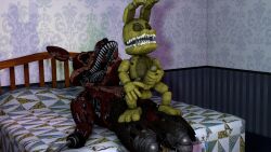 anal animatronic aroused bed bedroom black_eyes canid canine duo five_nights_at_freddy's five_nights_at_freddy's_4 fox foxy_(fnaf) furniture green_body hi_res humanoid knot_sitting lying machine male male/male mammal nightmare_foxy on_back on_bottom on_lap on_top pirate plushtrap plushtrap_(fnaf) red_body reverse_cowgirl_position robot scottgames sex sitting_on_lap tagme yellow_eyes