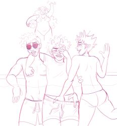 3boys aradia_megido ass back biting_lip blush cuntboy dave_strider embarrassed glasses hand_under_clothes homestuck intersex karkat_vantas karkatfucks oblivious partially_submerged partially_underwater_shot piercings pool public rash_guard sollux_captor speedo sunglasses swim_trunks swimsuit top_surgery_scars underwater water yaoi