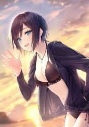 1girls background beach belly belly_button bikini bikini_bottom bikini_top black_bikini black_hair blue_eyes blush blush cleavage clouds happy kingdom_hearts looking_at_viewer midriff necklace short_hair sky sun sunset waving waving_at_viewer xion