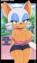 anthro areola areola_slip bare_shoulders bat breasts camel_toe cleavage clothed clothing cloud day dialogue english_text eyeshadow female fur green_eyes lipstick looking_at_viewer makeup mammal narrowed_eyes plant renaspyro rouge_the_bat sega smile solo sonic_(series) sonic_the_hedgehog_(series) tan_body tan_skin text tree url white_body white_fur