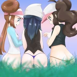 3girls ass ass_cleavage back_view big_ass butt_crack dawn_(pokemon) female female_only hilda_(pokemon) human human_only long_hair microsd_(artist) multiple_girls panties pants_down pokemon pokemon_bw pokemon_bw2 pokemon_dppt ponytail rosa_(pokemon)