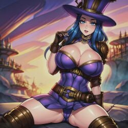 ai_generated arm_band armwear audiostick belt blue_eyes blue_hair breasts caitlyn_kiramman cameltoe cleavage corset detailed_background gloves large_breasts league_of_legends legs_spread looking_at_viewer miniskirt panties riot_games sitting skirt smiling_at_viewer stable_diffusion sunset thighhighs thighs top_hat wide_hips