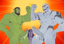 3boys abs absurdres bald bara beard biceps black_hair blue_skin colored_skin commission completely_nude critical_role cum cum_on_body cum_on_boy cum_on_pectorals cum_on_penis elf erection facial facial_hair feet_out_of_frame fist_bump green_skin grog_strongjaw group_sex gruppo13(artist) head_tattoo highres interspecies large_hands large_pectorals large_penis male_focus male_only mature_male mmm_threesome multiple_boys muscular muscular_male navel nipples nude orc original pectorals penis penis_size_difference pointy_ears purple_skin shoulder_tattoo size_difference standing stomach tattoo the_legend_of_vox_machina thick_eyebrows thick_thighs thighs threesome tusks yaoi