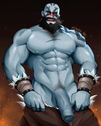 1boy abs absurdres alternate_body_hair bald bara beard blue_skin blush bracer breath chest_hair clothes_pull colored_skin critical_role facial_hair foreskin grog_strongjaw head_tattoo highres large_pectorals large_penis long_beard looking_at_viewer male_focus male_only male_pubic_hair mature_male moustache muscular muscular_male navel navel_hair nipples no_male_underwear pants pants_pull pectorals penis precum precum_drip pubic_hair scar scar_on_chest shoulder_tattoo solo stomach tattoo the_legend_of_vox_machina thick_eyebrows thick_thighs thighs topless_male uncensored veins veiny_arms veiny_penis zombie_perc