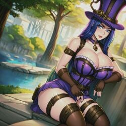 ai_generated arm_band armwear audiostick blue_eyes blue_hair breasts caitlyn_kiramman choker cleavage corset detailed_background fingernails gloves large_breasts league_of_legends long_hair looking_at_viewer miniskirt necklace riot_games sitting skirt smile smiling_at_viewer stable_diffusion sunny thigh_strap thighhighs top_hat tree water wide_hips