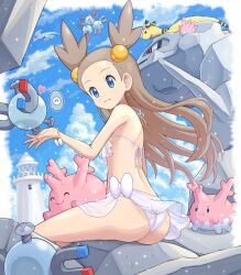 ampharos arm_ornament brown_hair closed_mouth clouds coil_(pokemon) corsola haganeil hair_ornament jasmine_(pokemon) legs lighthouse looking_back lugia magnemite magneton pokemoa pokemon pokemon_(species) pokemon_gsc pokemon_hgss rarecoil sitting smiling steelix swimsuit white_swimsuit