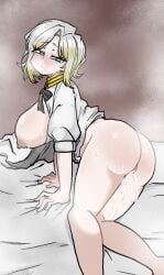 1girls ass bent_over big_breasts blush bottomless cum faust_(limbus_company) green_eyes leaking_cum limbus_company looking_at_viewer nipples on_bed open_shirt p-chan(artist) partially_clothed project_moon short_hair solo sweat the_one_who_grips_faust_(limbus_company) white_hair yellow_hair