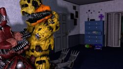 animatronic avian bed bedroom bird canid canine chica_(fnaf) chicken closet duo female five_nights_at_freddy's five_nights_at_freddy's_4 fox foxy_(fnaf) furniture galliform gallus_(genus) hi_res humanoid ingame_model machine male male/female mammal nightmare_chica nightmare_chica_(fnaf) nightmare_foxy on_bottom on_top phasianid plushtrap plushtrap_(fnaf) red_body red_eyes reverse_cowgirl_position robot scottgames sex tagme watching yellow_body