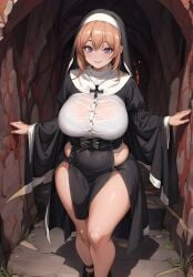 1girls ai_clothes ai_generated curvy curvy_female female_focus female_only generic_ai_face hi_res high_resolution huge_breasts human human_only light-skinned_female light_skin long_hair nun nun's_habit seductive_look solo solo_female stable_diffusion wet_clothes