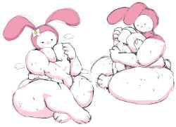 absurd_res anthro ass big_breasts big_butt bodily_fluids breast_grab breast_squish breasts duo female ferretidk fisherneph flower hand_on_breast hi_res hood ivovvovi lagomorph leporid mammal my_melody onegai_my_melody overweight overweight_anthro overweight_female plant rabbit sanrio simple_background smile squish steam sweat thick_thighs weirdduelist white_background