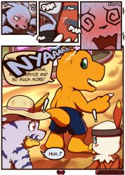 agumon anal anal_sex anthro bandai_namco beach beak blush bottomless claws clothed clothing comic dialogue digimon digimon_(species) digital_media_(artwork) duo english_text fangs feathers fur gabumon gazimon guilmon hawkmon hi_res horn male male/male male_penetrated male_penetrating male_penetrating_male markings nude open_mouth outside penetration scalie seaside sex swimming_trunks swimwear teeth text topless topwear vitrex yellow_body