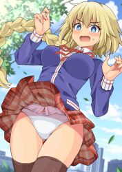 accidental_exposure blonde_hair blue_eyes blue_shirt blush braid braided_ponytail breasts brown_thighhighs commission fate/apocrypha fate_(series) female highres jeanne_d'arc_(fate) jeanne_d'arc_(ruler)_(fate) large_breasts long_hair long_sleeves looking_at_viewer open_mouth panties pantyshot pixiv_commission red_skirt shirt skirt solo thighhighs underwear very_long_hair white_panties wind wind_lift windy_skirt xiafuizui