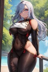 1girls ai_generated blue_eyes bodystocking breasts female genshin_impact hair_over_one_eye hips huge_breasts long_hair looking_at_viewer outdoors shenhe_(genshin_impact) stable_diffusion thick_thighs thighs tight_clothing white_hair wide_hips