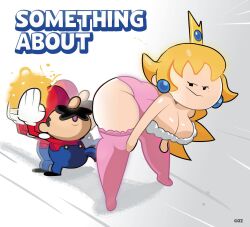 1boy 1girls ass big_ass big_breasts big_butt blonde_hair breasts cleavage crown earrings eyelashes fat_ass female gloves gosgoz imminent_spanking large_breasts leaning_forward light-skinned_female light-skinned_male light_skin long_hair looking_back male mario mario_(series) moustache nintendo overalls princess_peach simple_background smaller_male speedrunner_mario stockings terminalmontage text thick_thighs thighhighs thighs white_gloves wide_hips zettai_ryouiki