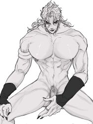 1boy abs chain12123871 completely_nude dio_brando jewelry jojo's_bizarre_adventure large_pectorals long_hair male_focus male_only male_pubic_hair muscular muscular_male navel nipple_piercing nipples nude pectorals penis piercing pubic_hair ring smile solo solo_male stardust_crusaders wristband