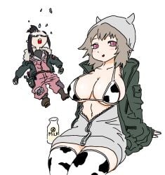 2021 2girls big_ass big_breasts big_butt black_hair blush broken_glasses brown_hair cow_bikini cow_print cow_thighighs emma_(metal_slug) female female_only fingerless_gloves glasses green_jacket hi_res high_resolution horny long_hair looking_at_viewer metal_slug metal_slug_attack milk milk_bottle millefie_(metal_slug) open_mouth pink_eyes simple_background sitting thick_thighs thighhighs white_background