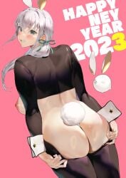 2023 animal_ears aqua_eyes ass breasts fake_animal_ears fake_tail female from_behind green_ribbons hair_between_eyes hair_ribbon happy_new_year iku_(ikuchan_kaoru) ikuchan_kaoru_(character) indie_virtual_youtuber large_breasts long_hair looking_at_viewer looking_back new_year nipples pink_background rabbit_ears rabbit_tail ribbon sideboob simple_background solo tail thong virtual_youtuber white_hair