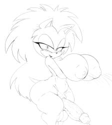 anthro balls big_balls big_breasts big_penis bodily_fluids breasts clothing ejaculation eulipotyphlan futanari genitals gynomorph hair hedgehog hi_res huge_breasts intersex lactating lactation legwear long_hair mammal monochrome penis queen_aleena_hedgehog raccoonshinobi sega solo sonic_(series) sonic_the_hedgehog_(series) sonic_underground thick_thighs thigh_highs wide_hips