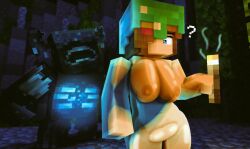 1boy 1girls 3d blue_eyes breasts brown_hair cave erect_nipples flower_in_hair horny_female human_female humanoid iron_helmet jenny_belle_(slipperyt) lounan18 mine-imator minecraft monster nude_female outside tagme torch warden_(minecraft) water