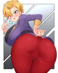 1girls alternate_version_available ass ass_focus big_ass big_breasts black_eyes blonde_hair bottomwear breasts briar_(pokemon) clothing dat_ass ear_piercing earrings female female_only game_freak hair huge_ass huge_breasts kevin.g.tuck looking_back mature mature_female mature_woman pants pokemon pokemon_sv red_pants short_hair solo solo_female thighs topwear