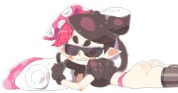 1girls 2018 angry ass callie_(splatoon) gloves highleg hypno_shades_(splatoon) inkuusan looking_at_viewer lying_on_stomach middle_finger octo_callie panties solo_female splatoon sunglasses thighhighs thong